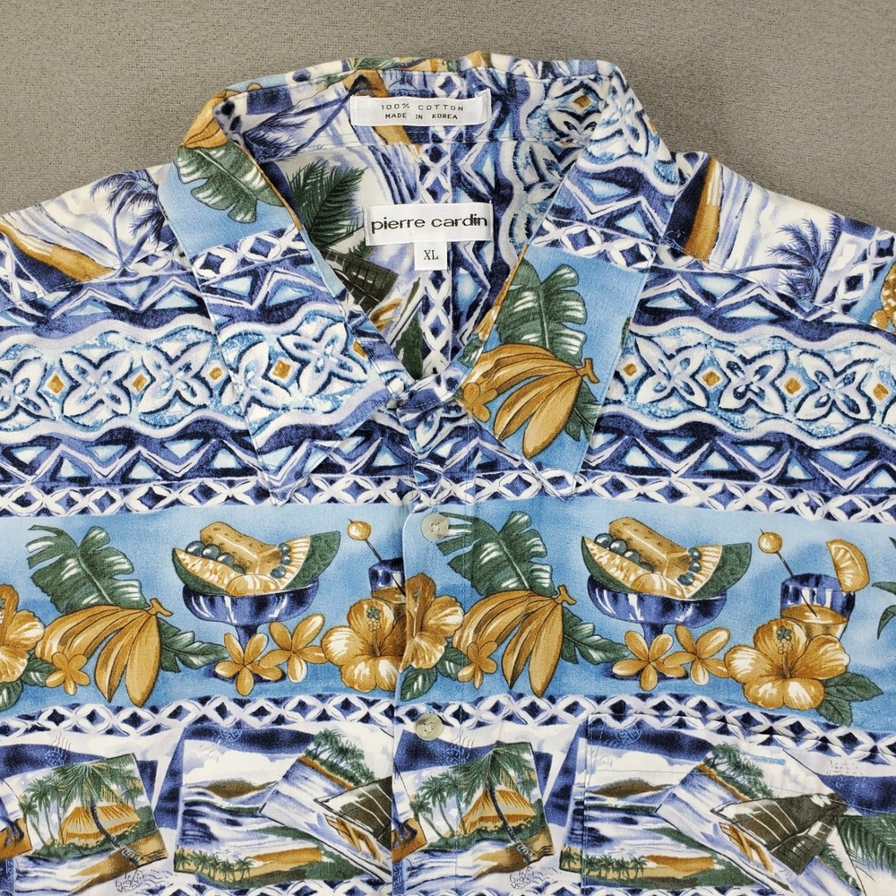 Pierre Cardin Button Down Shirt Men XL Blue Tropical Fruit Aloha Hawaiian Cotton
